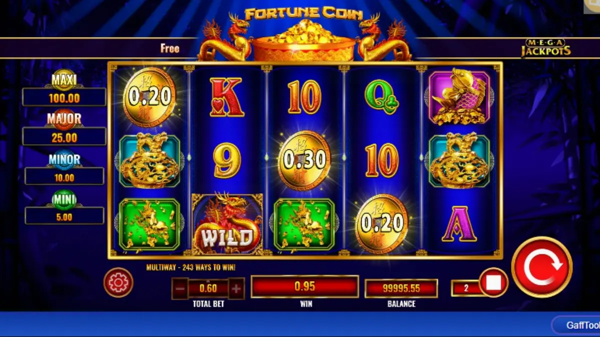 Tampilan visual slot Fortune Coin Mega Jackpot dengan tema istana emas dan naga.